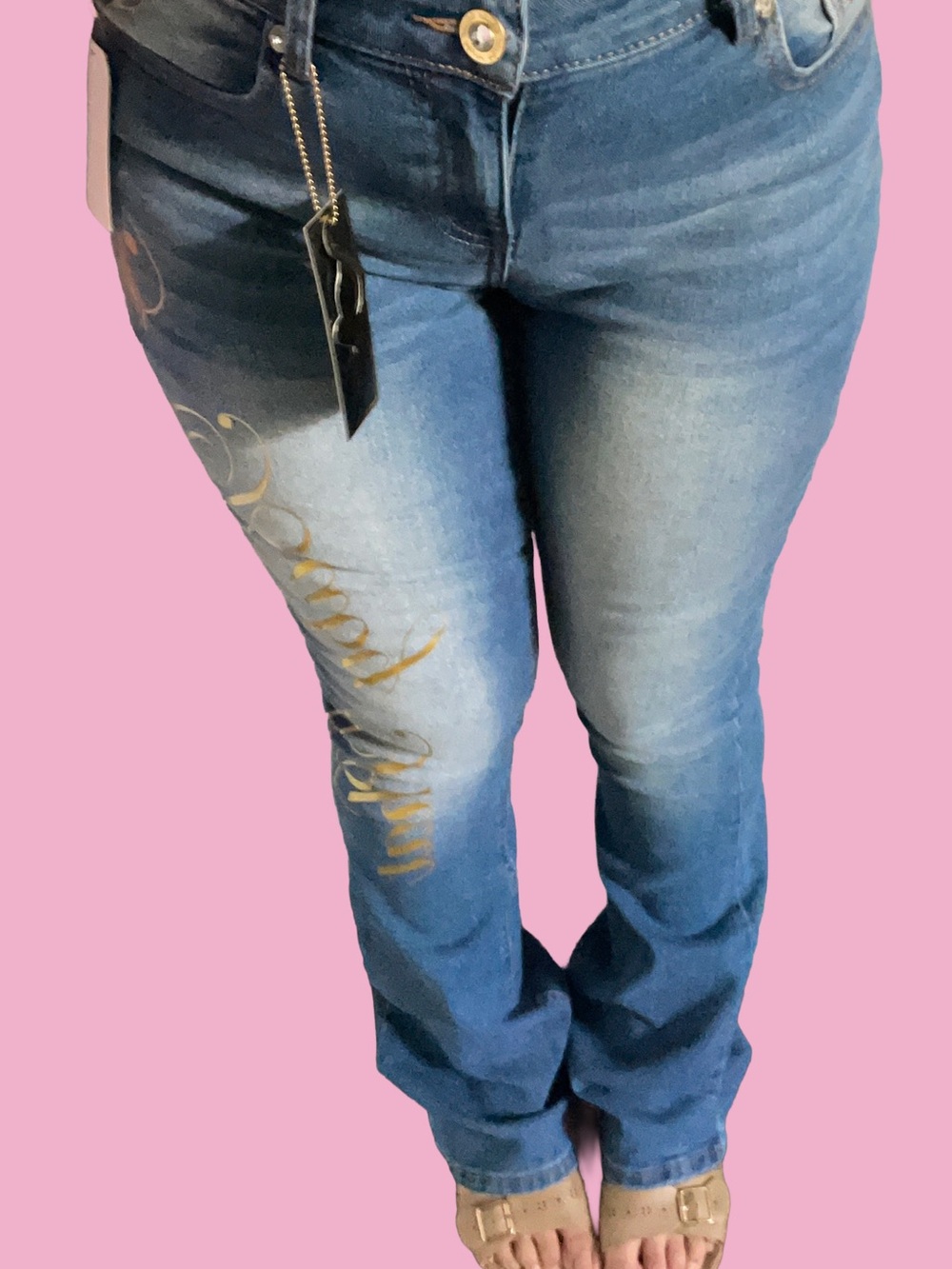 Baby Phat Blue Denim Wide-Leg Jeans with Gold Script• - Picture 4 of 8